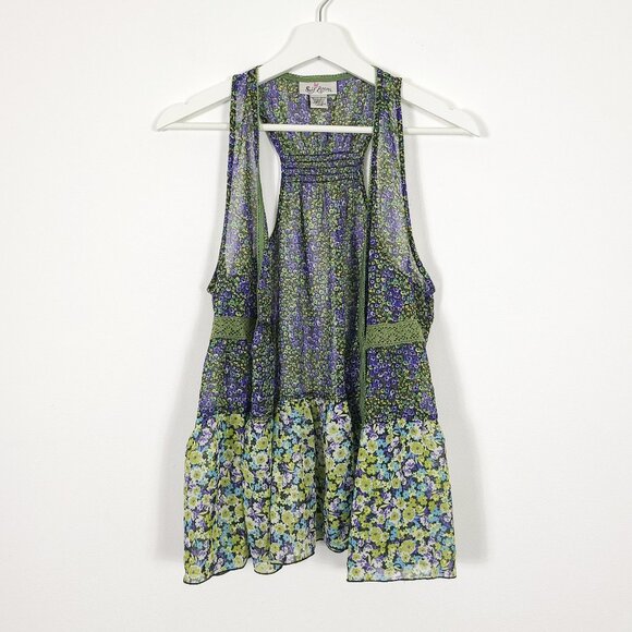 Vintage Y2K Green Sheer Floral Print Open Tank Layering Top - Picture 1 of 6